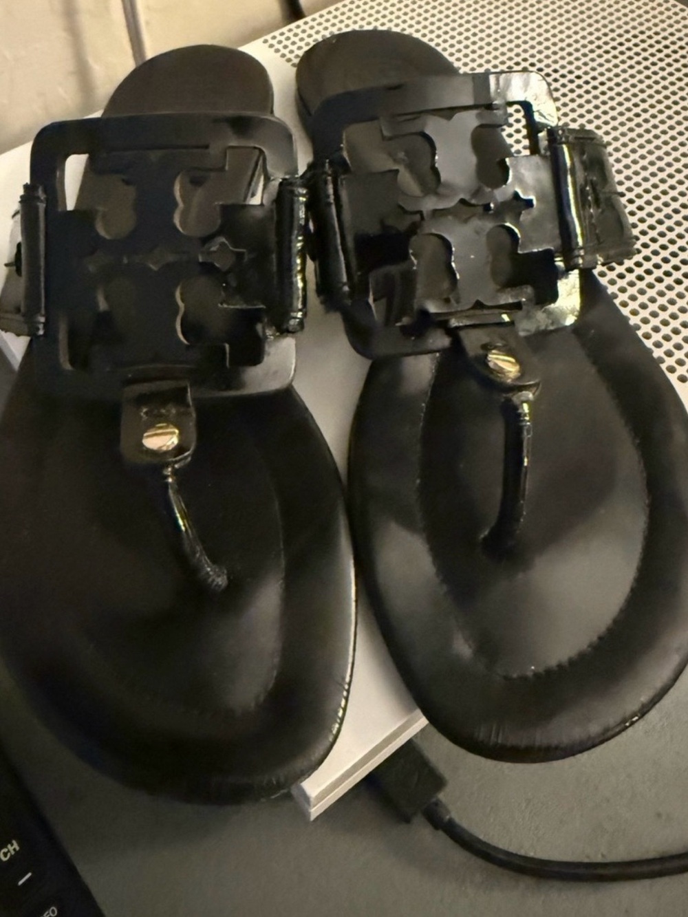 Tory Burch Black Patent Logo Thong Sandals